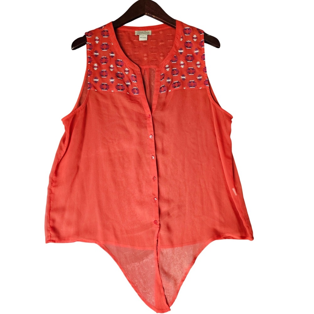 Lucky Brand Sheer Orange Embroidered Sleeveless Button Down Tie Hem Top L